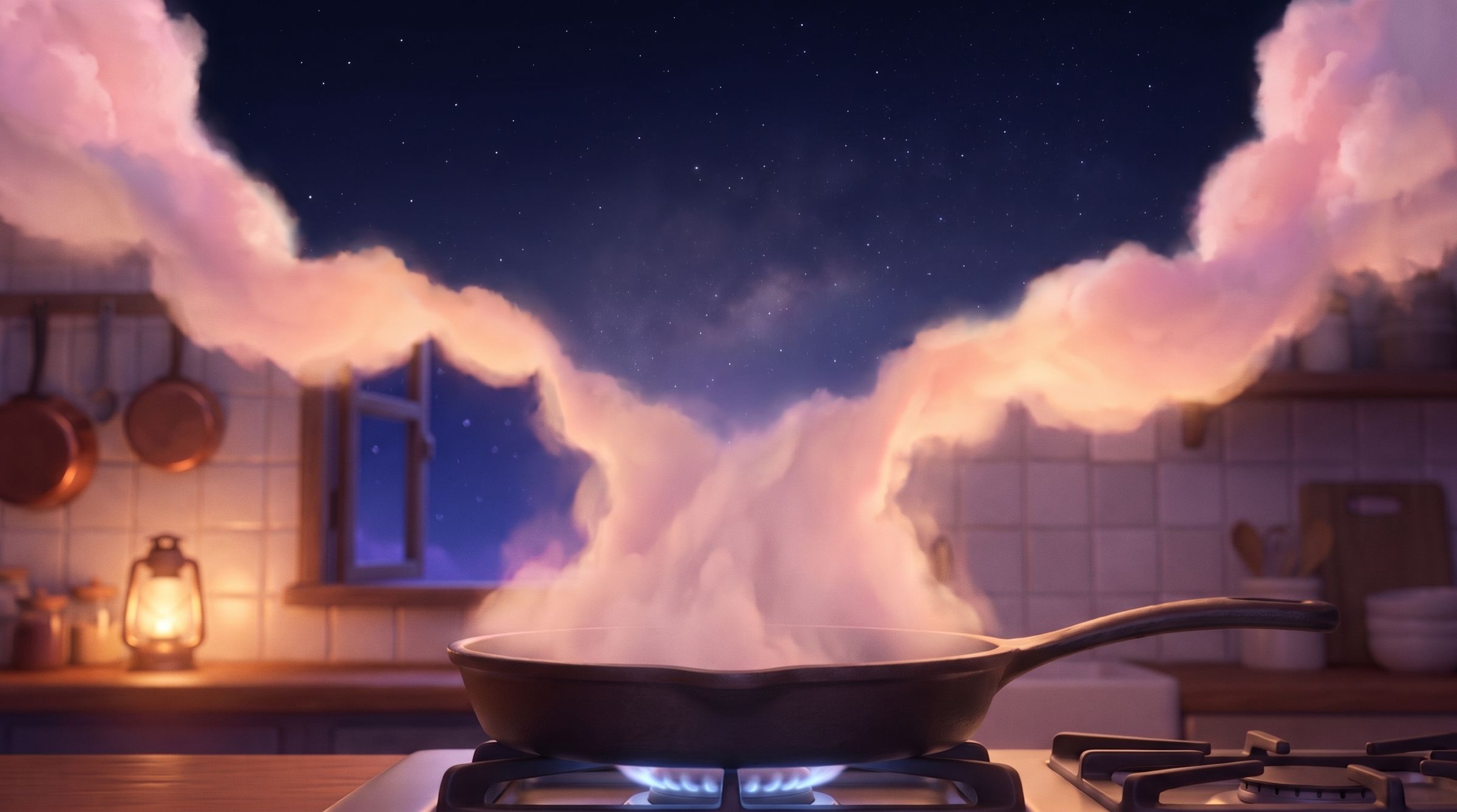 Cozinha à noite: o vapor da frigideira sobe e vira nuvens sob o céu estrelado